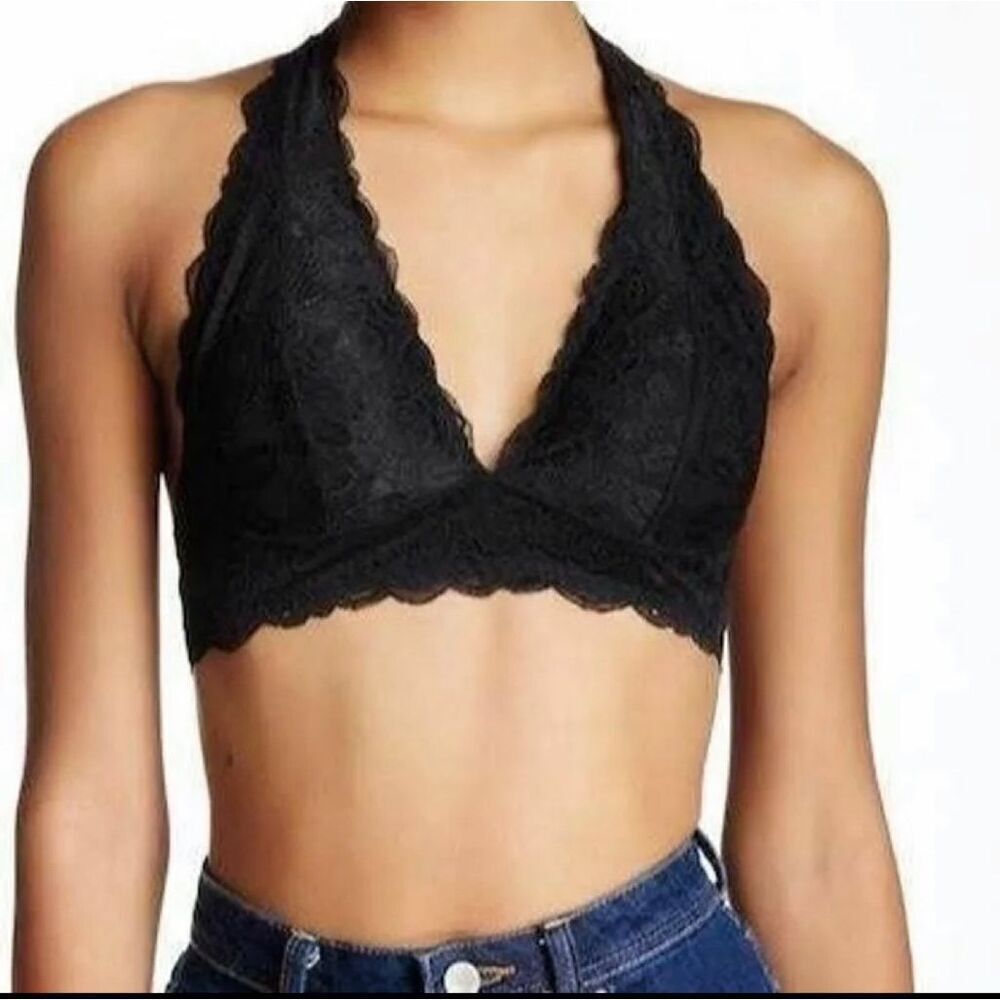 Free Press Black Lace Halter Neck Bralette - Size Large